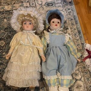 Charming Porcelain Doll Set with Cream and Blue Outfits